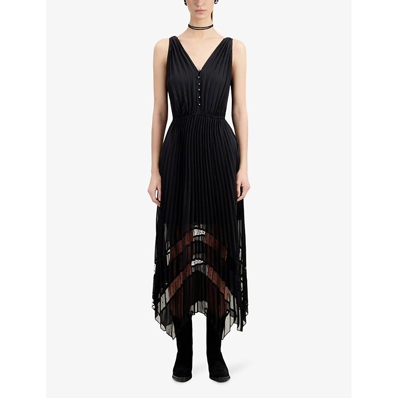 Shop The Kooples Lace-embroidered V-neck Pleated Woven In Black