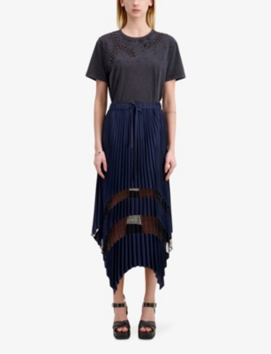 Shop The Kooples Women's Navy Lace-embroidered Asymmetric-hem Pleated Woven Midi Skirt