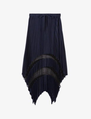Shop The Kooples Women's Navy Lace-embroidered Asymmetric-hem Pleated Woven Midi Skirt
