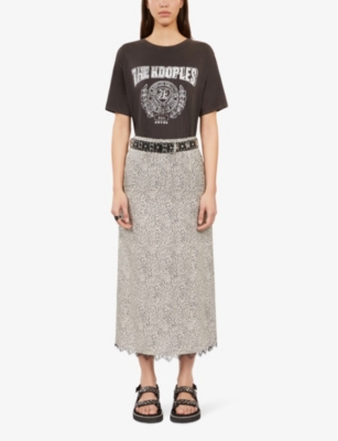 Shop The Kooples Women's Black White Graphic-print Lace-embroidered Woven Midi Skirt