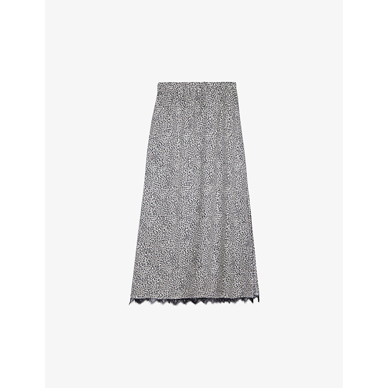 The Kooples Womens Black White Graphic-print Lace-embroidered Woven Midi Skirt