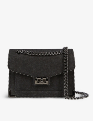 Shop The Kooples Women's Black Denim Bead-embroidered Denim Shoulder Bag