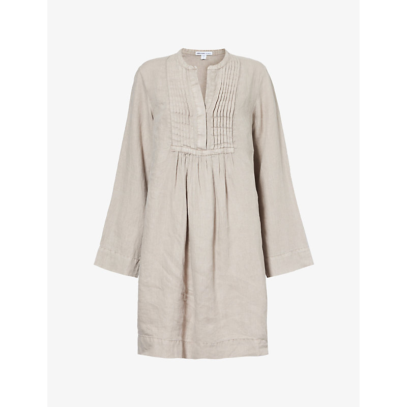 Shop James Perse Women's Toast Pleated-panel Relaxed-fit Linen Mini Dress
