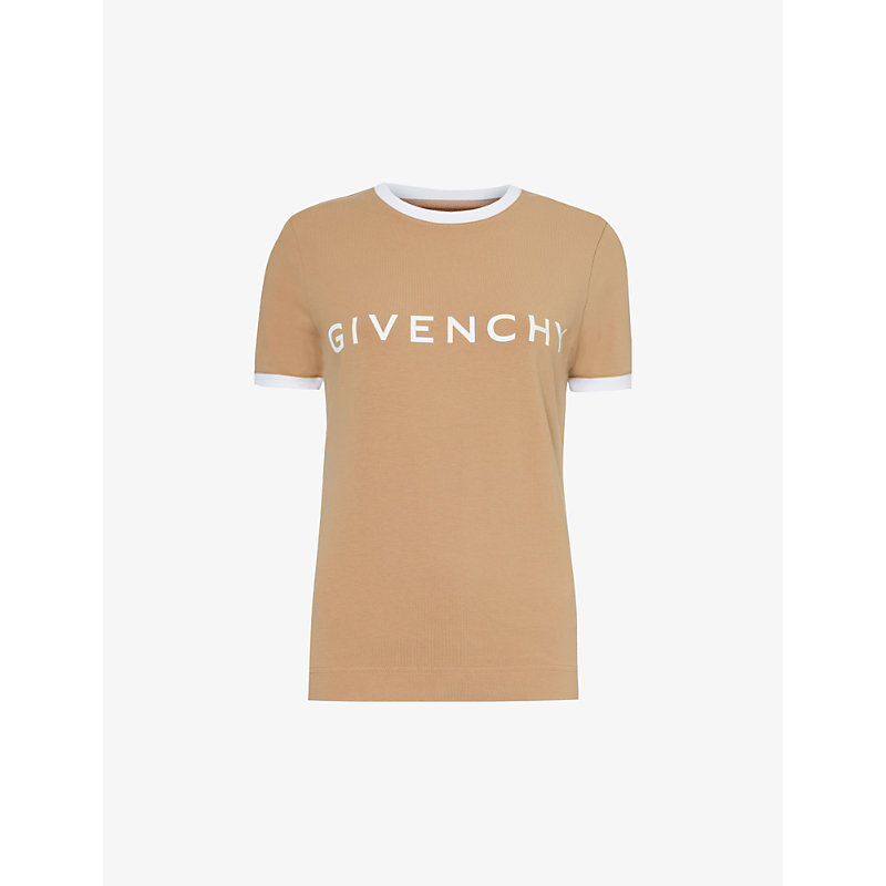 Givenchy Womens Beige Cappuccino Brand-typography Ribbed-trim Cotton-jersey T-shirt