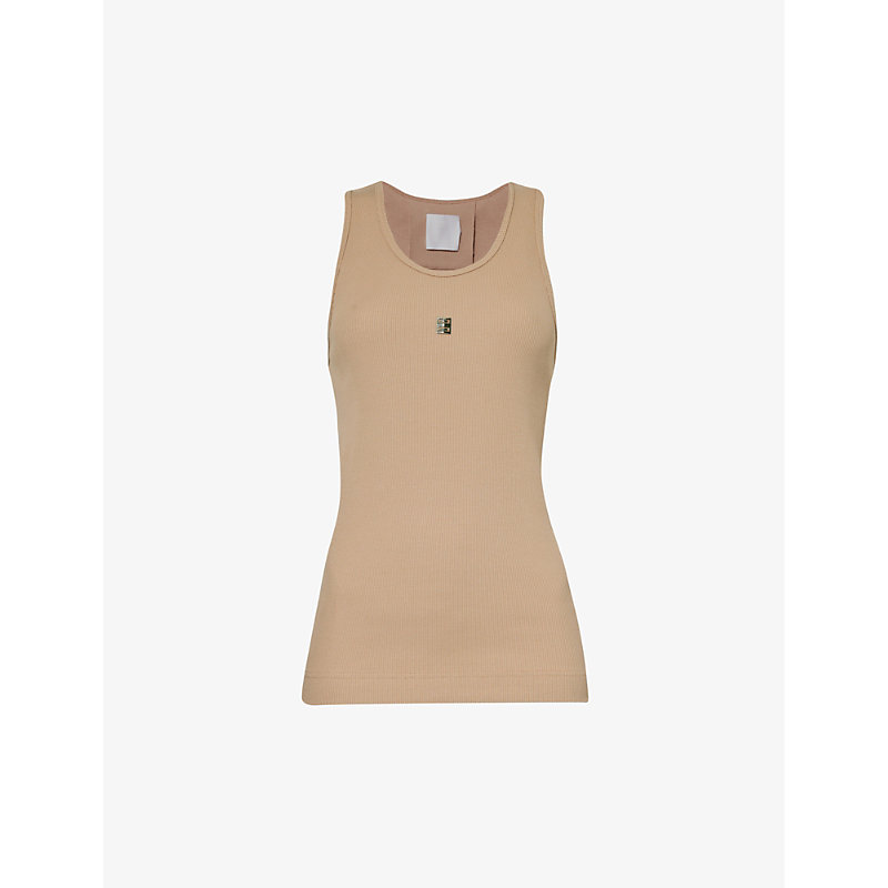 Givenchy Womens Beige Cappuccino Logo-plaque Ribbed Stretch-cotton Tank Top