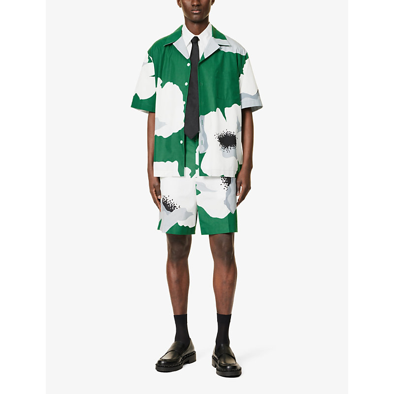 Shop Valentino Graphic-print Relaxed-fit Cotton Shirt In Emerald Grey