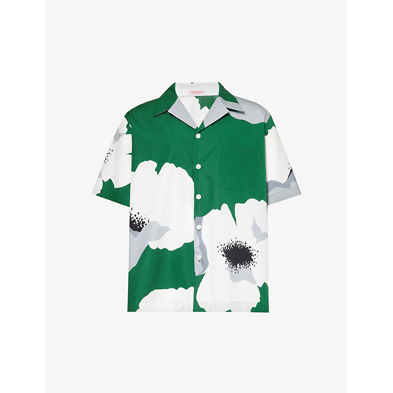 Shop Valentino Men's Emerald Grey Graphic-print Relaxed-fit Cotton Shirt