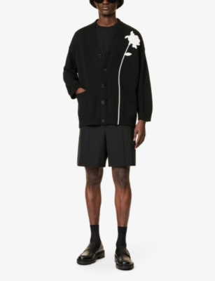 Shop Valentino Men's Black Floral-motif V-neck Cotton Cardigan
