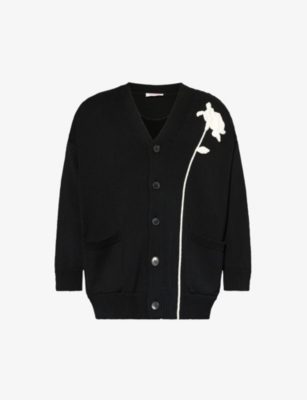 Shop Valentino Mens Black Floral-motif V-neck Cotton Cardigan