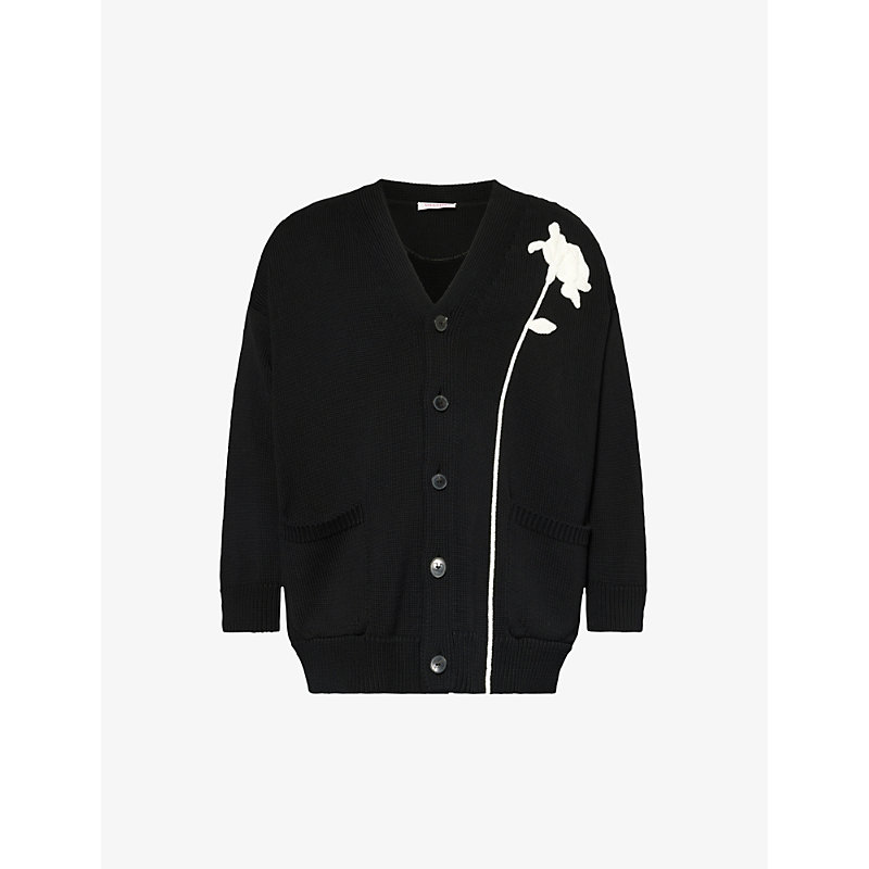Shop Valentino Floral-motif V-neck Cotton Cardigan In Black