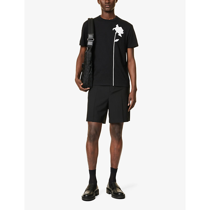 Shop Valentino Men's Black Floral-motif Crewneck Cotton-jersey T-shirt
