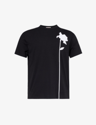 Shop Valentino Men's Black Floral-motif Crewneck Cotton-jersey T-shirt
