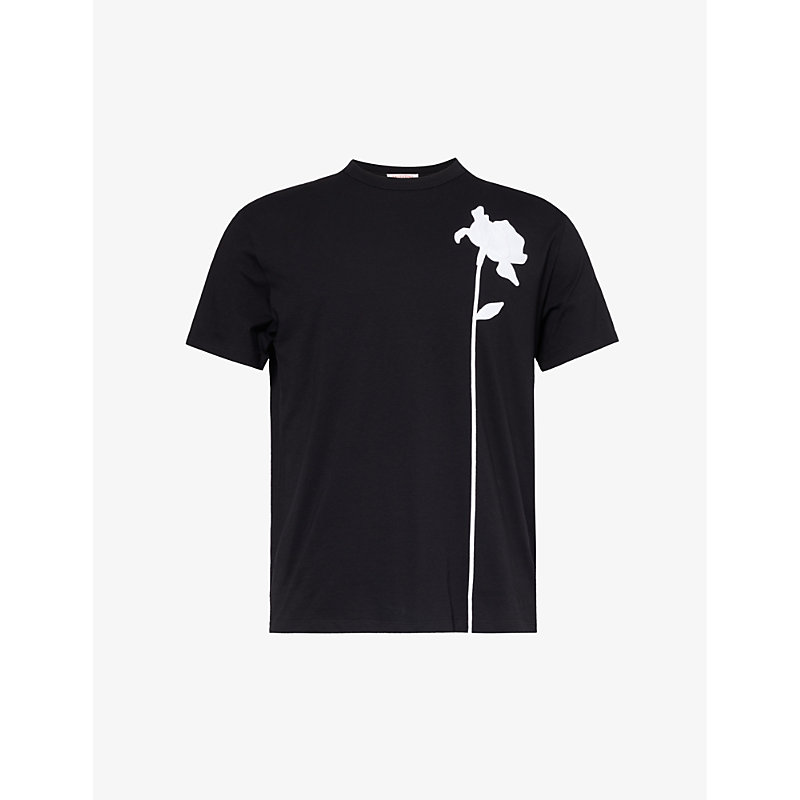 Shop Valentino Mens Black Floral-motif Crewneck Cotton-jersey T-shirt