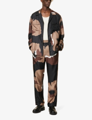 Shop Valentino Men's Black Clay Floral-print Relaxed-fit Silk Trousers