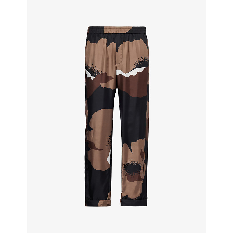 Shop Valentino Floral-print Relaxed-fit Silk Trousers In Black Clay