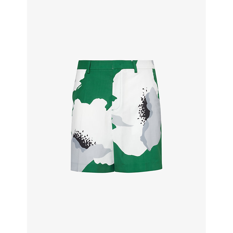 Shop Valentino Flower Graphic-print Relaxed-fit Cotton Shorts In Emerald Grey