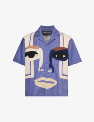 Shop Kidsuper Men's Blue Face Relaxed-fit Cotton And Linen-blend Shirt