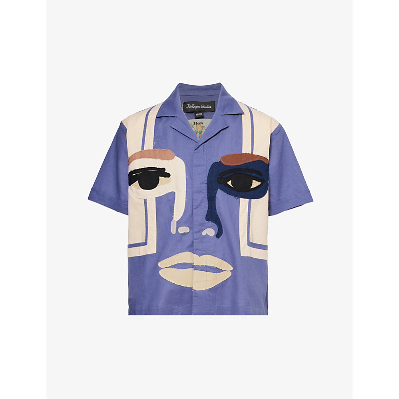 Shop Kidsuper Men's Blue Face Relaxed-fit Cotton And Linen-blend Shirt