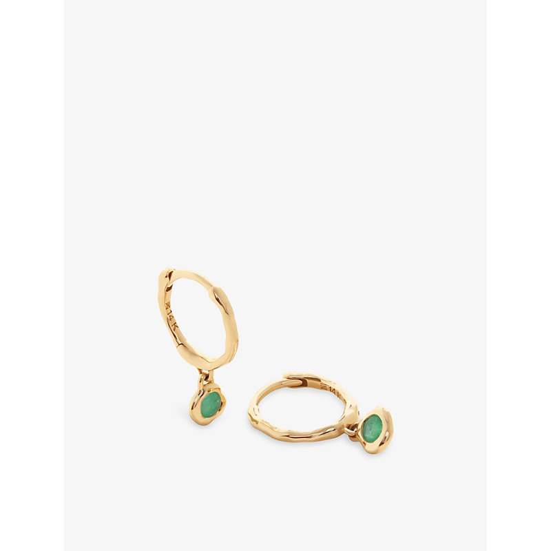 Shop Monica Vinader Women's Yellow Gold Siren Mini 14ct Yellow-gold And Emerald Huggie Earrings