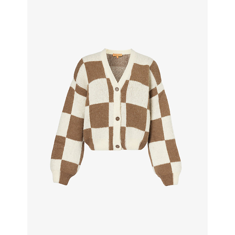 Shop Stine Goya Amara Checked Knitted Cardigan In Brown Check