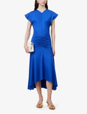 Shop Victoria Beckham Women's Royal Blue V-neck Ruched-panel Stretch-jersey Midi Dress