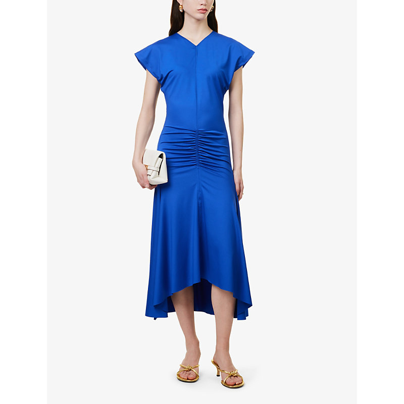 Shop Victoria Beckham Women's Royal Blue V-neck Ruched-panel Stretch-jersey Midi Dress