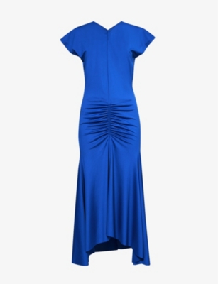 Victoria Beckham V-neck Ruched Asymmetric Jersey Midi Dress In Royal Blue
