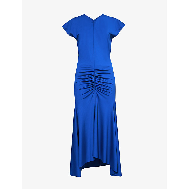 Victoria Beckham Womens Royal Blue V-neck Ruched-panel Stretch-jersey Midi Dress