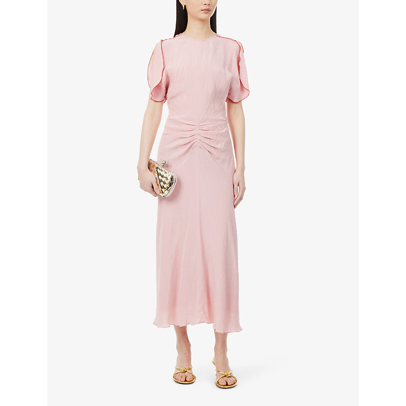 Shop Victoria Beckham Fluid-sleeve Ruched-waist Crepe Midi Dress In Orchid