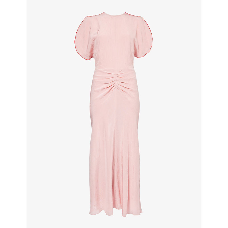 Shop Victoria Beckham Fluid-sleeve Ruched-waist Crepe Midi Dress In Orchid