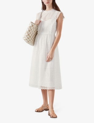 Shop Lk Bennett Womens Whi-white Laila High-neck Broderie-anglaise Cotton Midi Dress