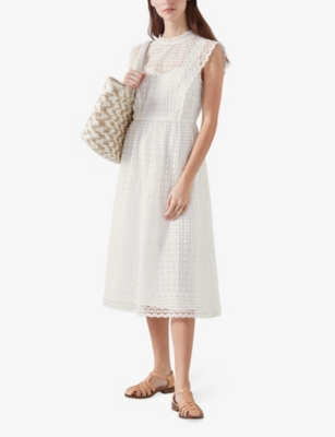 Shop Lk Bennett Women's Whi-white Laila High-neck Broderie-anglaise Cotton Midi Dress