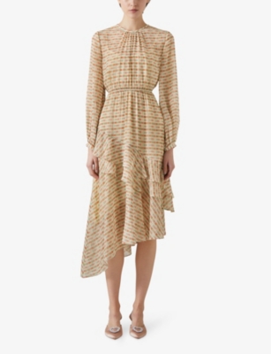 Lk Bennett Bea Print Ruffle Asymmetric Long Sleeve Silk Midi Dress In Mul-multi