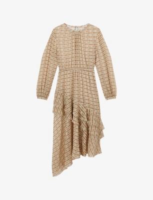Lk Bennett Bea Print Ruffle Asymmetric Long Sleeve Silk Midi Dress In Mul-multi