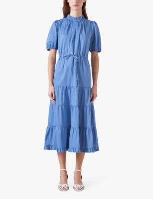 Shop Lk Bennett Women's Blu-light Blue Hedy Tiered-hem Tie-waist Organic-cotton Midi Dress