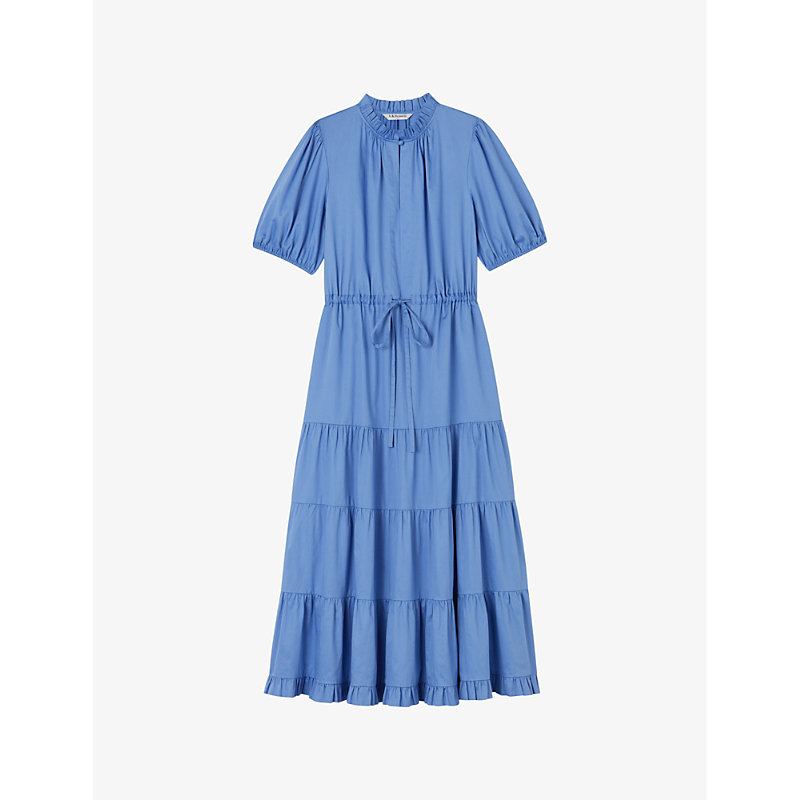 Shop Lk Bennett Women's Blu-light Blue Hedy Tiered-hem Tie-waist Organic-cotton Midi Dress