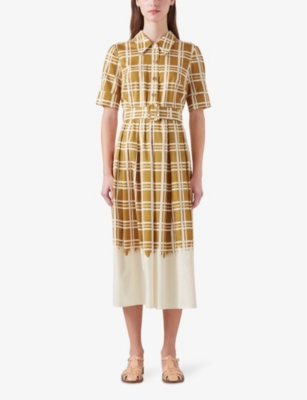Shop Lk Bennett Dora Belted-waist Checked Organic-cotton Midi Dress In Mul-multi