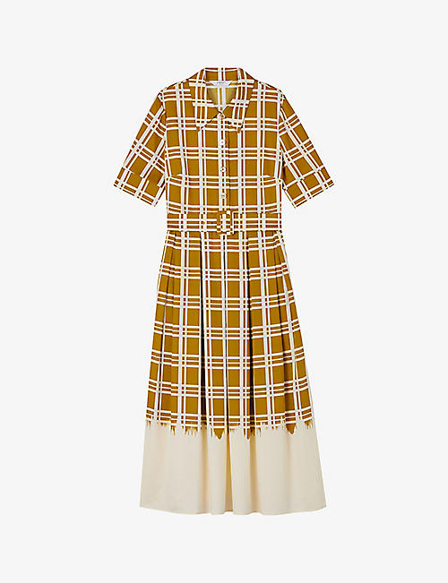 LK BENNETT: Dora belted-waist checked organic-cotton midi dress