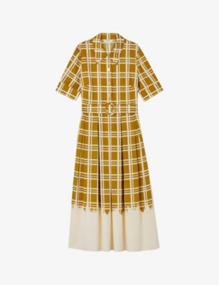 Shop Lk Bennett Womens  Dora Belted-waist Checked Organic-cotton Midi Dress In Mul-multi