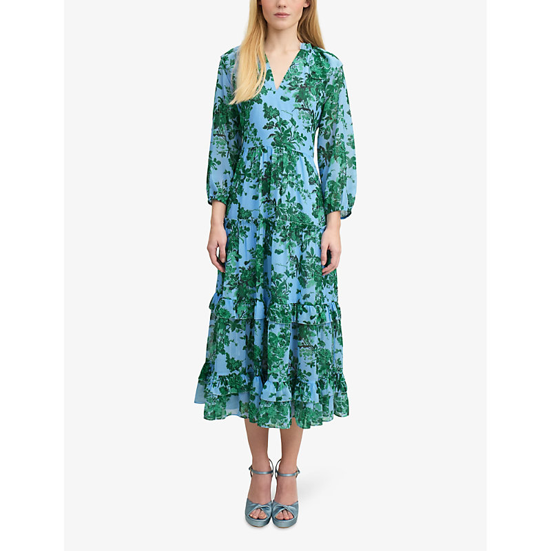 Shop Lk Bennett Womens Mul-green/blue Eleanor Floral-print Tiered-hem Woven Midi Dress