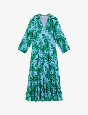 Shop Lk Bennett Women's Mul-green/blue Eleanor Floral-print Tiered-hem Woven Midi Dress