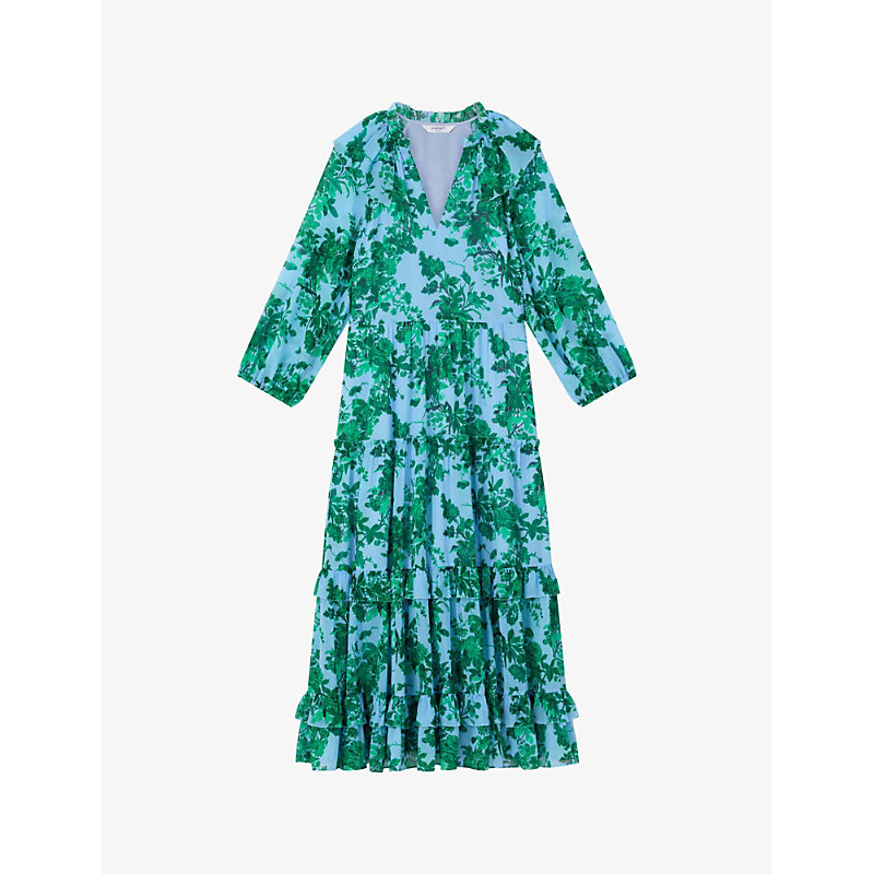 Shop Lk Bennett Womens Mul-green/blue Eleanor Floral-print Tiered-hem Woven Midi Dress