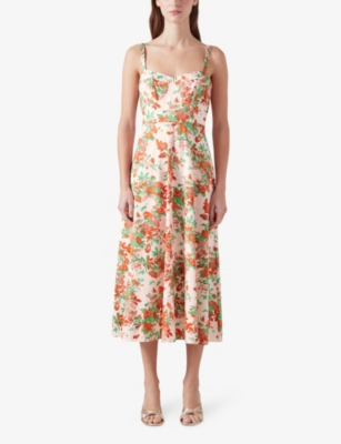 Shop Lk Bennett Lucy Neon-print Fitted-waist Cotton Midi Dress In Mul-pink