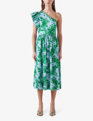 Lk Bennett Womens Mul-blue Maud Garden-print One-shoulder Cotton Midi Dress In Mul-blue