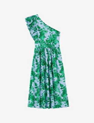 Lk Bennett Womens Mul-blue Maud Garden-print One-shoulder Cotton Midi Dress In Mul-blue