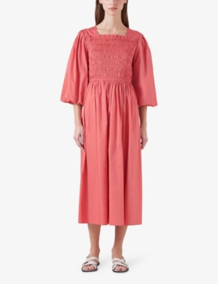 Shop Lk Bennett Calister Puff-sleeve Smocked Cotton Midi Dress In Pin-rose