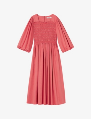 Shop Lk Bennett Calister Puff-sleeve Smocked Cotton Midi Dress In Pin-rose