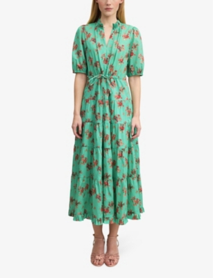 Shop Lk Bennett Women's Mul-green Hedy Floral-print Puff-sleeve Cotton Midi Dress