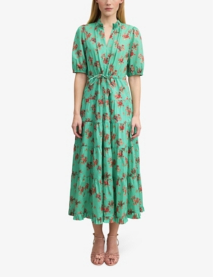 Shop Lk Bennett Womens Mul-green Hedy Floral-print Puff-sleeve Cotton Midi Dress