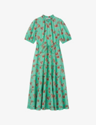 Shop Lk Bennett Hedy Floral-print Puff-sleeve Cotton Midi Dress In Mul-green